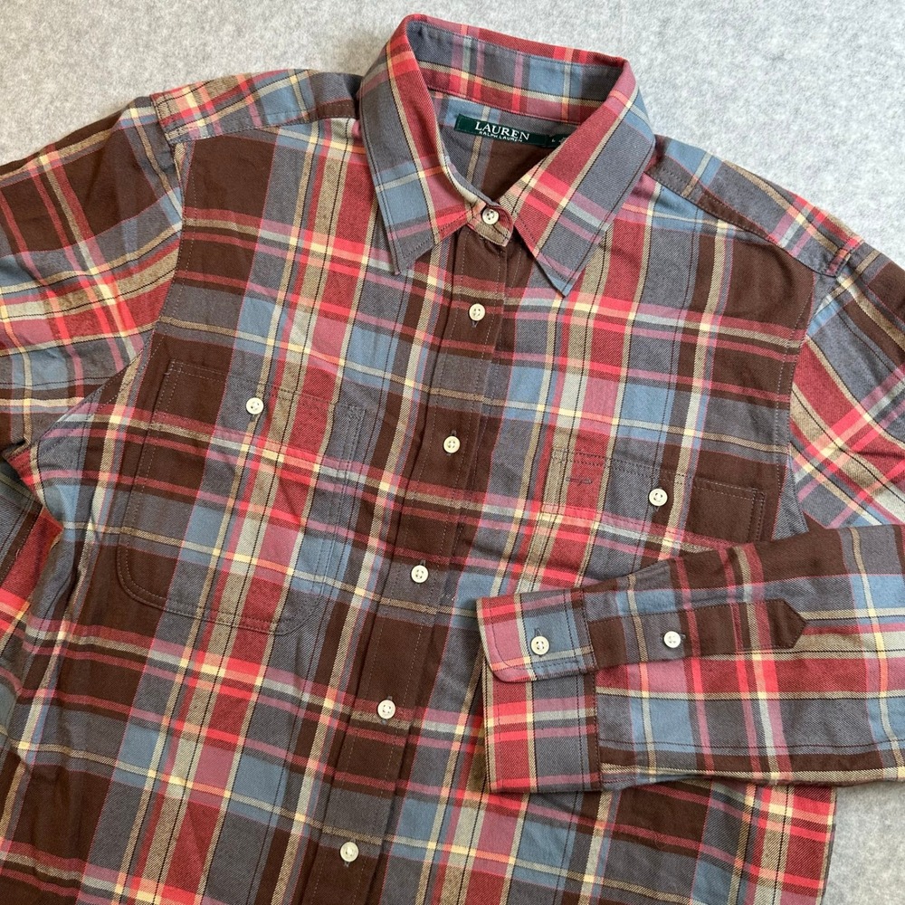 Lauren Ralph Lauren Plaid Flannel Shirt Brown Red Blue Cotton Button Down L